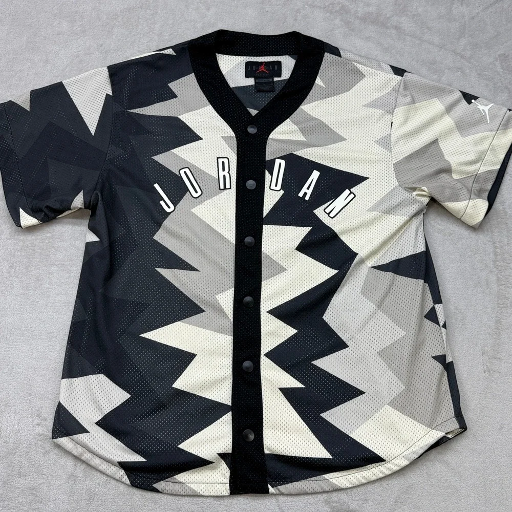 Jordan Baseball Jersey Mens Medium Black Grey Geometric Mesh Streetwear Sports